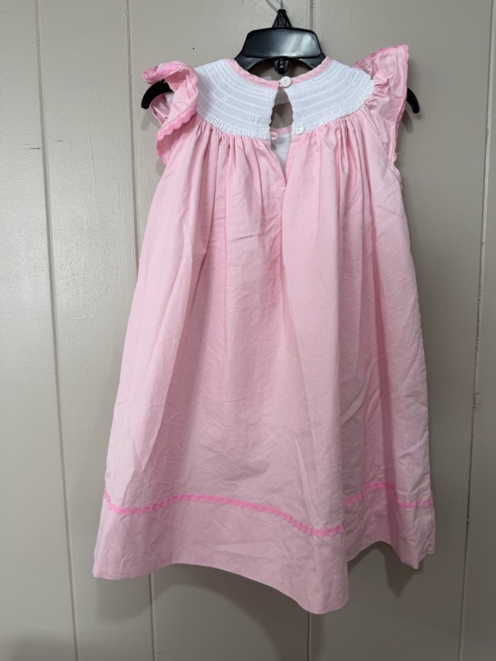 Pink Smocked Flutter Sleeve Dress with Pastel Bunny Embroidery - Picture 6 of 6